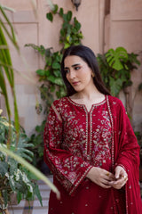 BrandsInn-3PC DHANAK EMBROIDERED SHIRT WITH CHIFFON EMBROIDERED DUPATTA AND TROUSER-B-5019