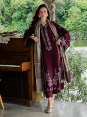 BrandsInn-3PC DHANAK EMBROIDERED SHIRT WITH COUTRAI PRINTED SHAWL AND TROUSER-BI-5267