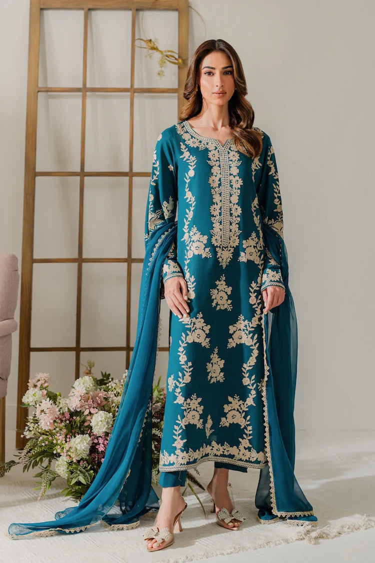 BrandsInn-3PC DHANAK EMBROIDERED SHIRT WITH BAMBER CHIFFON DUPATTA AND TROUSER-BI-4245