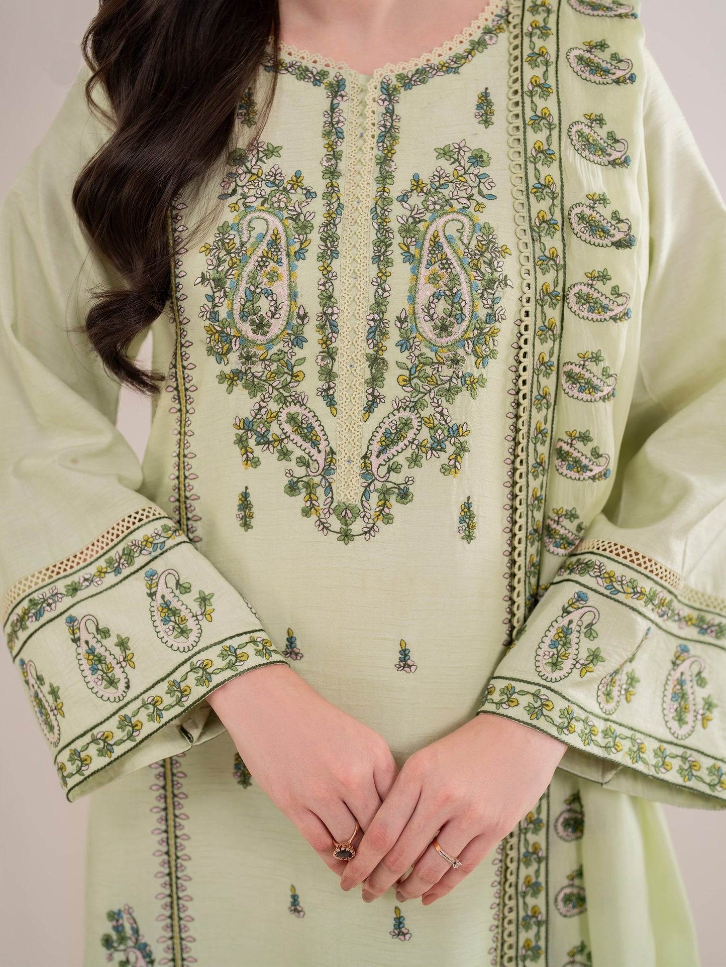 BrandsInn-3PC DHANAK EMBROIDERED SHIRT WITH DHANAK EMBROIDERED SHAWL AND TROUSER-BI-4167