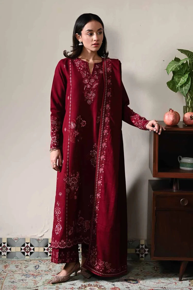 BrandsInn-3PC DHANAK EMBROIDERED SHIRT WITH DHANAK EMBROIDERED SHAWL AND TROUSER-BI-5031