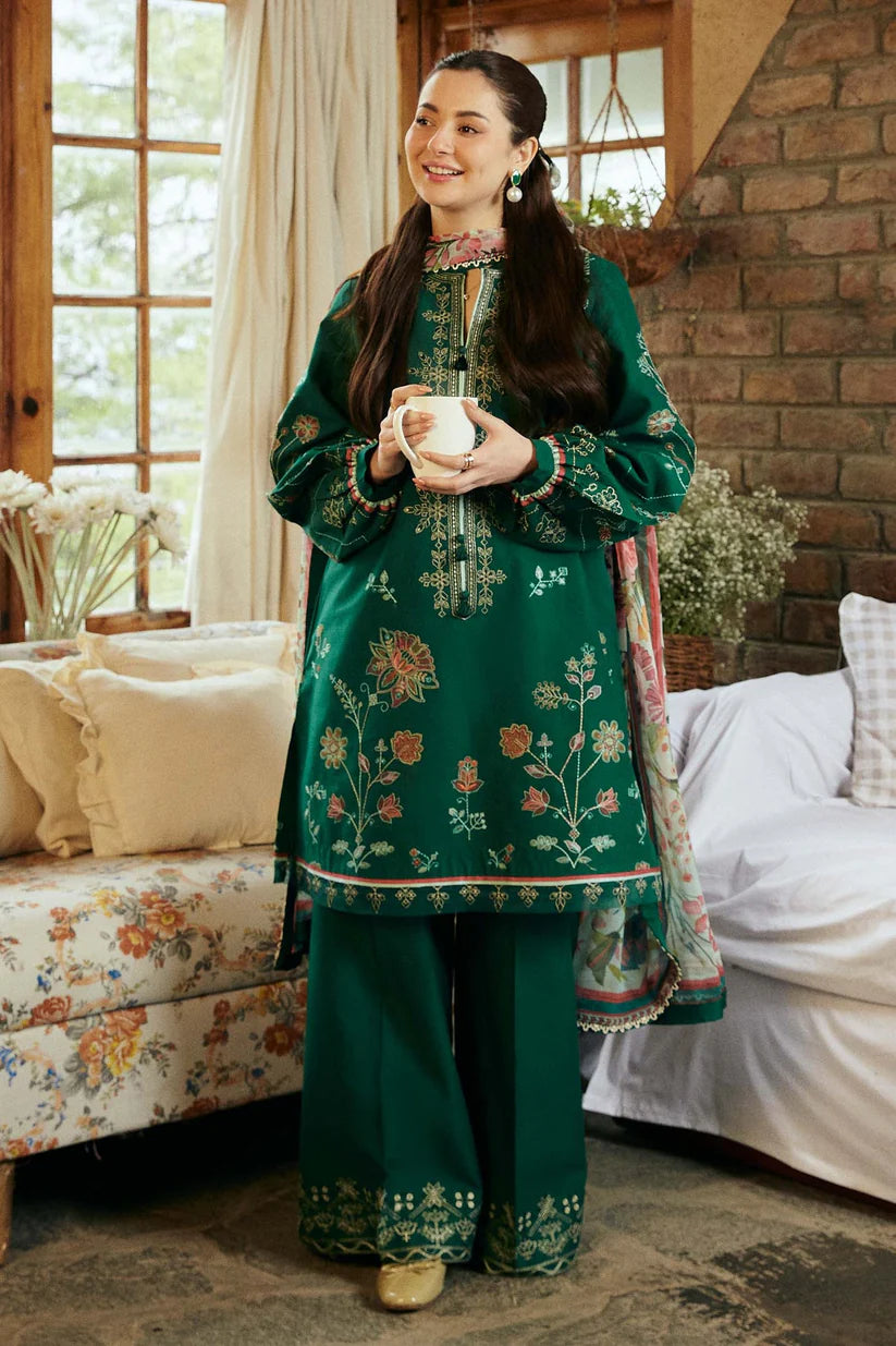 BrandsInn-3PC DHANAK EMBROIDERED SHIRT WITH COUTRAI PRINTED SHAWL & EMB TROUSER-BI-4155
