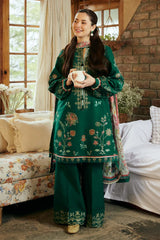 BrandsInn-3PC DHANAK EMBROIDERED SHIRT WITH COUTRAI PRINTED SHAWL & EMB TROUSER-BI-4155
