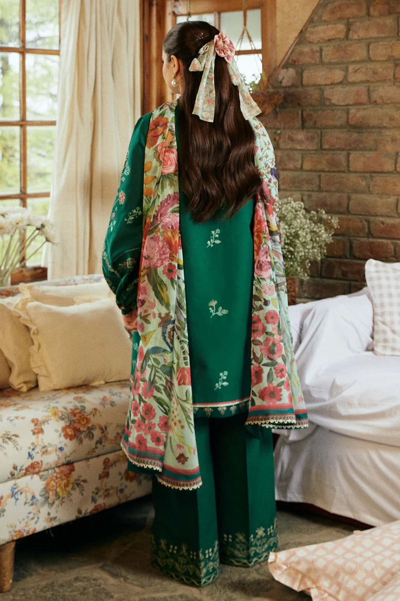 BrandsInn-3PC DHANAK EMBROIDERED SHIRT WITH COUTRAI PRINTED SHAWL & EMB TROUSER-BI-4155