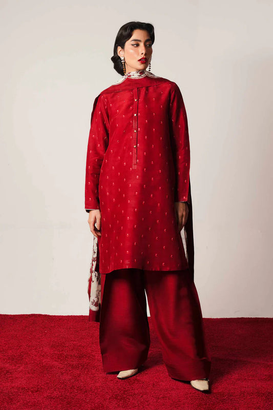 BrandsInn-3PC DHANAK EMBROIDERED SHIRT WITH COUTRAI WOOL PRINTED SHAWL AND DHANAK TROUSER-BI-4122