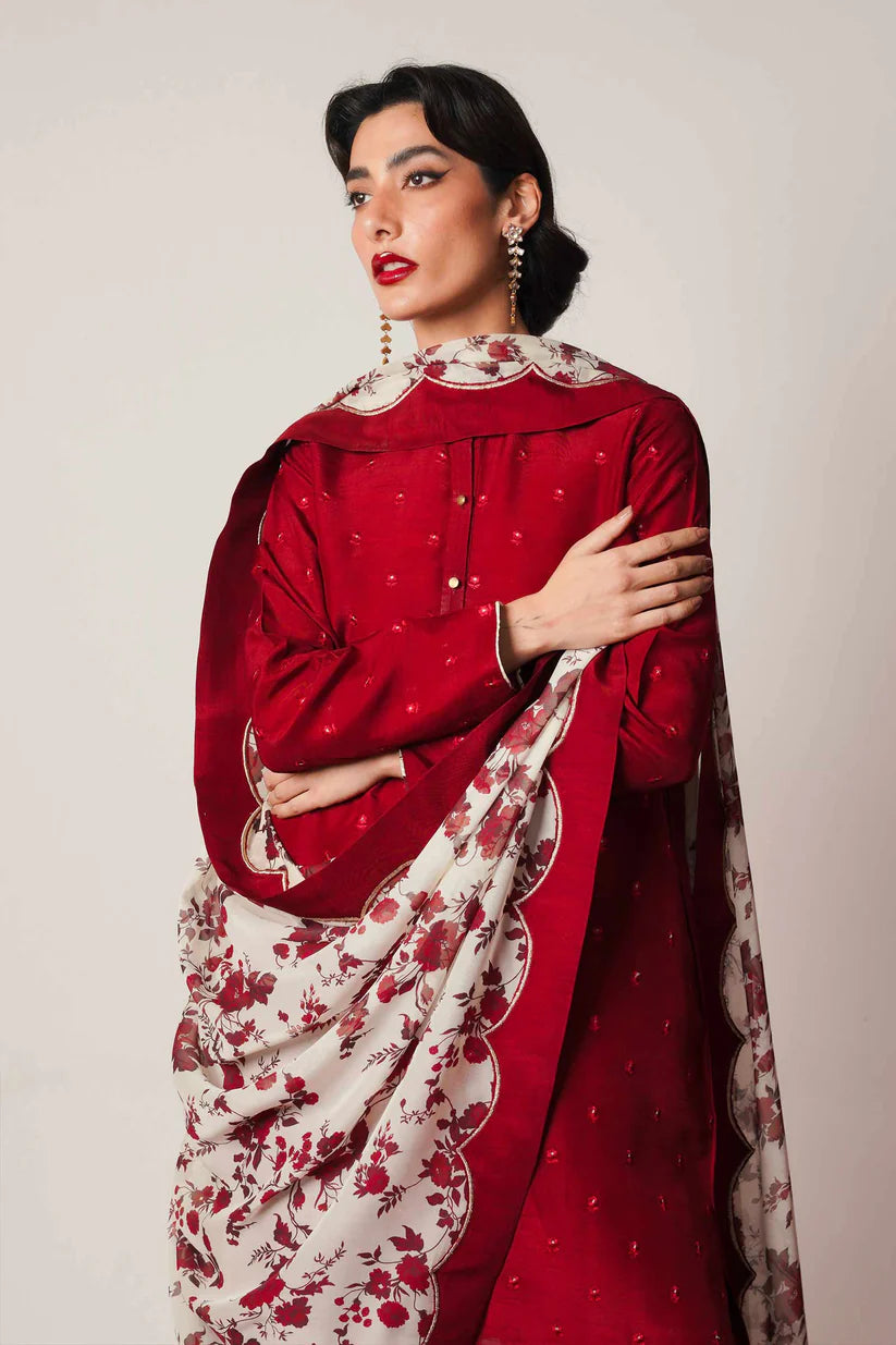 BrandsInn-3PC DHANAK EMBROIDERED SHIRT WITH COUTRAI WOOL PRINTED SHAWL AND DHANAK TROUSER-BI-4122