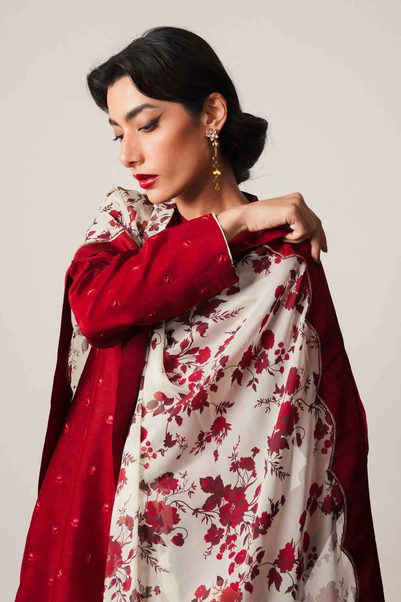 BrandsInn-3PC DHANAK EMBROIDERED SHIRT WITH COUTRAI WOOL PRINTED SHAWL AND DHANAK TROUSER-BI-4122