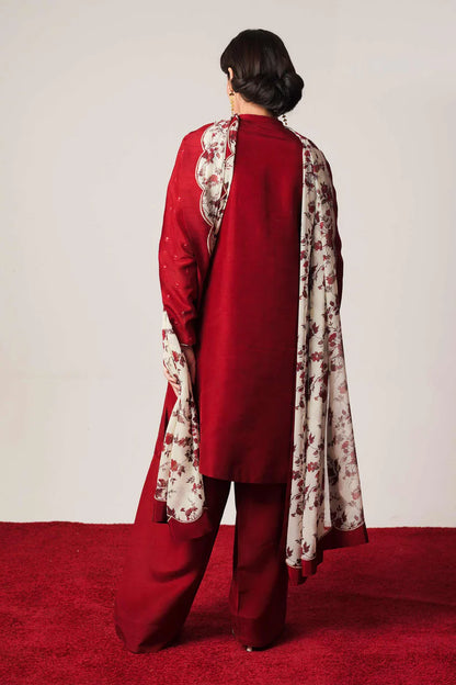 BrandsInn-3PC DHANAK EMBROIDERED SHIRT WITH COUTRAI WOOL PRINTED SHAWL AND DHANAK TROUSER-BI-4122