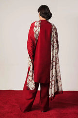 BrandsInn-3PC DHANAK EMBROIDERED SHIRT WITH COUTRAI WOOL PRINTED SHAWL AND DHANAK TROUSER-BI-4122
