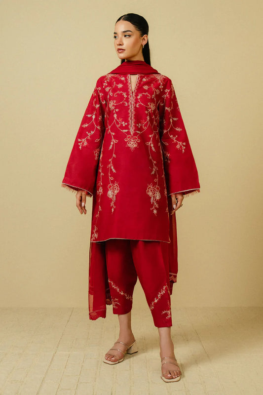 BrandsInn - 3PC DHANAK EMBROIDERED SHIRT DHANAK EMBROIDERED DUPATTA AND TROUSER-BI-4082