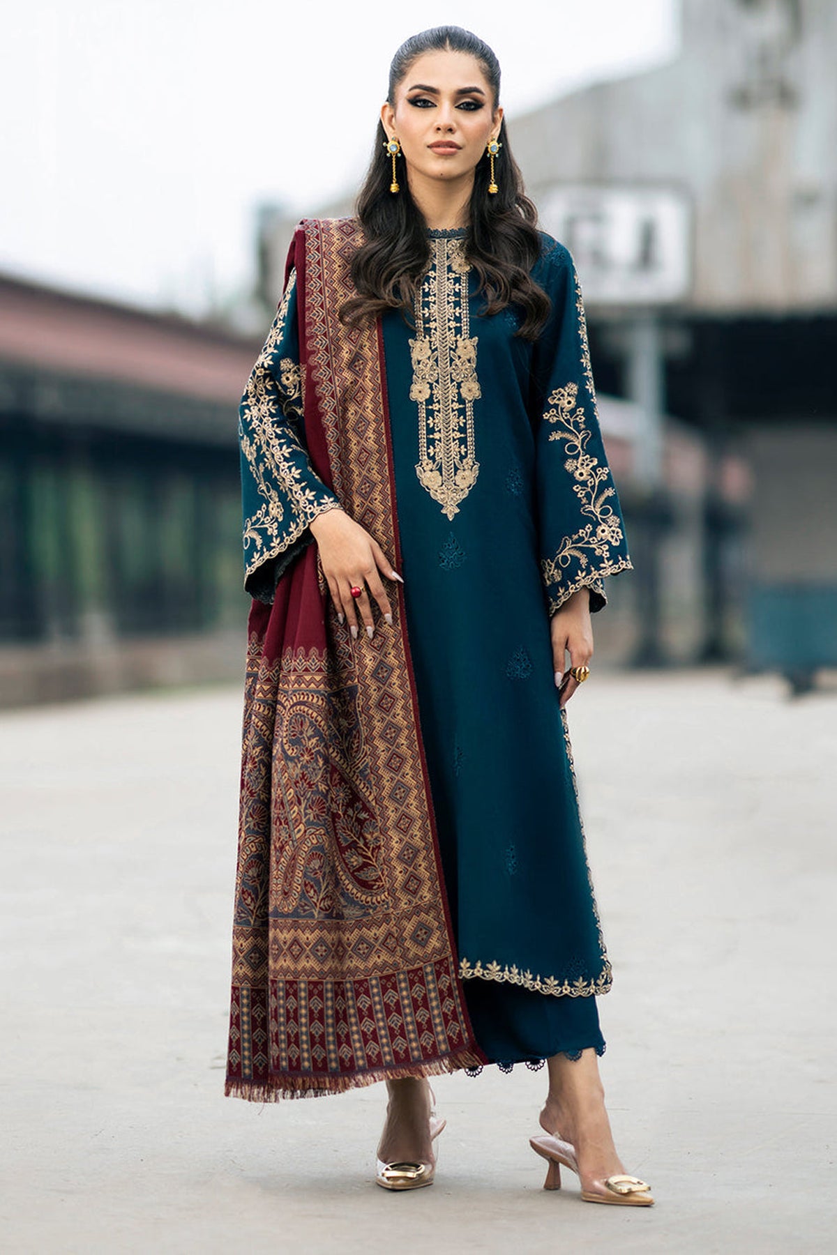 BrandsInn-3PC DHANAK EMBROIDERED SHIRT WITH COURTRAI PRINTED SHAWL & TROUSER-BI-4226