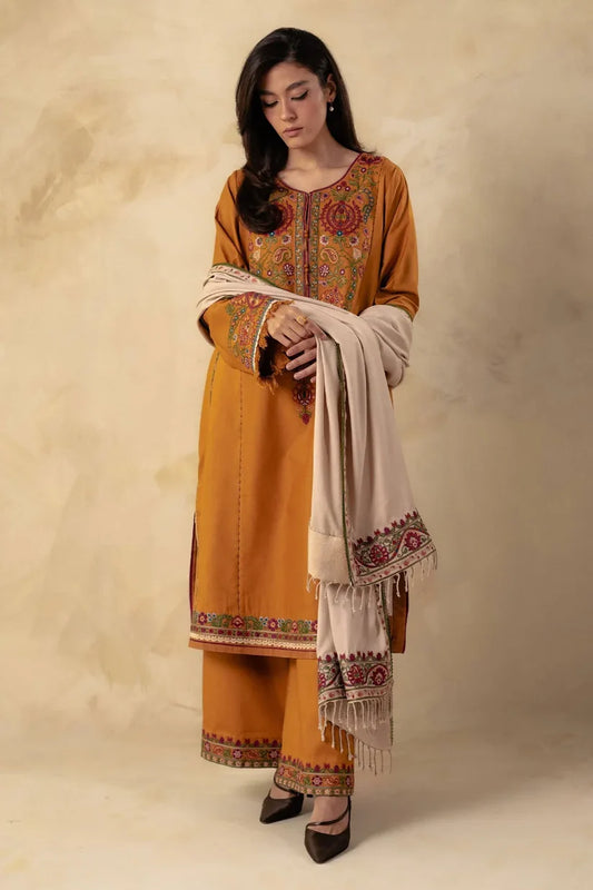 BrandsInn- 3PC DHANAK EMBROIDERED SHIRT WITH DHANAK EMBROIDERED SHAWL AND EMB TROUSER-BI-4044