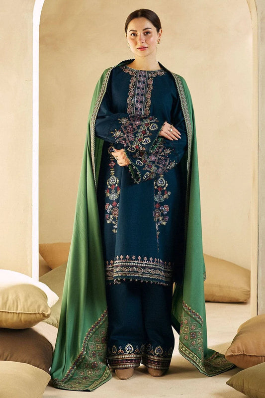 BrandsInn- 3PC DHANAK EMBROIDERED SHIRT DHANAK EMBROIDERED SHAWL AND TROUSER -BI-4059