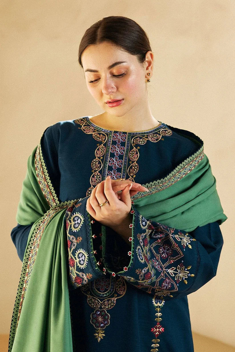 BrandsInn- 3PC DHANAK EMBROIDERED SHIRT DHANAK EMBROIDERED SHAWL AND TROUSER -BI-4059