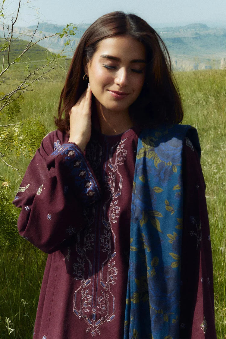 BrandsInn-3PC DHANAK EMBROIDERED SHIRT WITH COURTRAI WOOL PRINTED SHAWL AND TROUSER-BI-4045