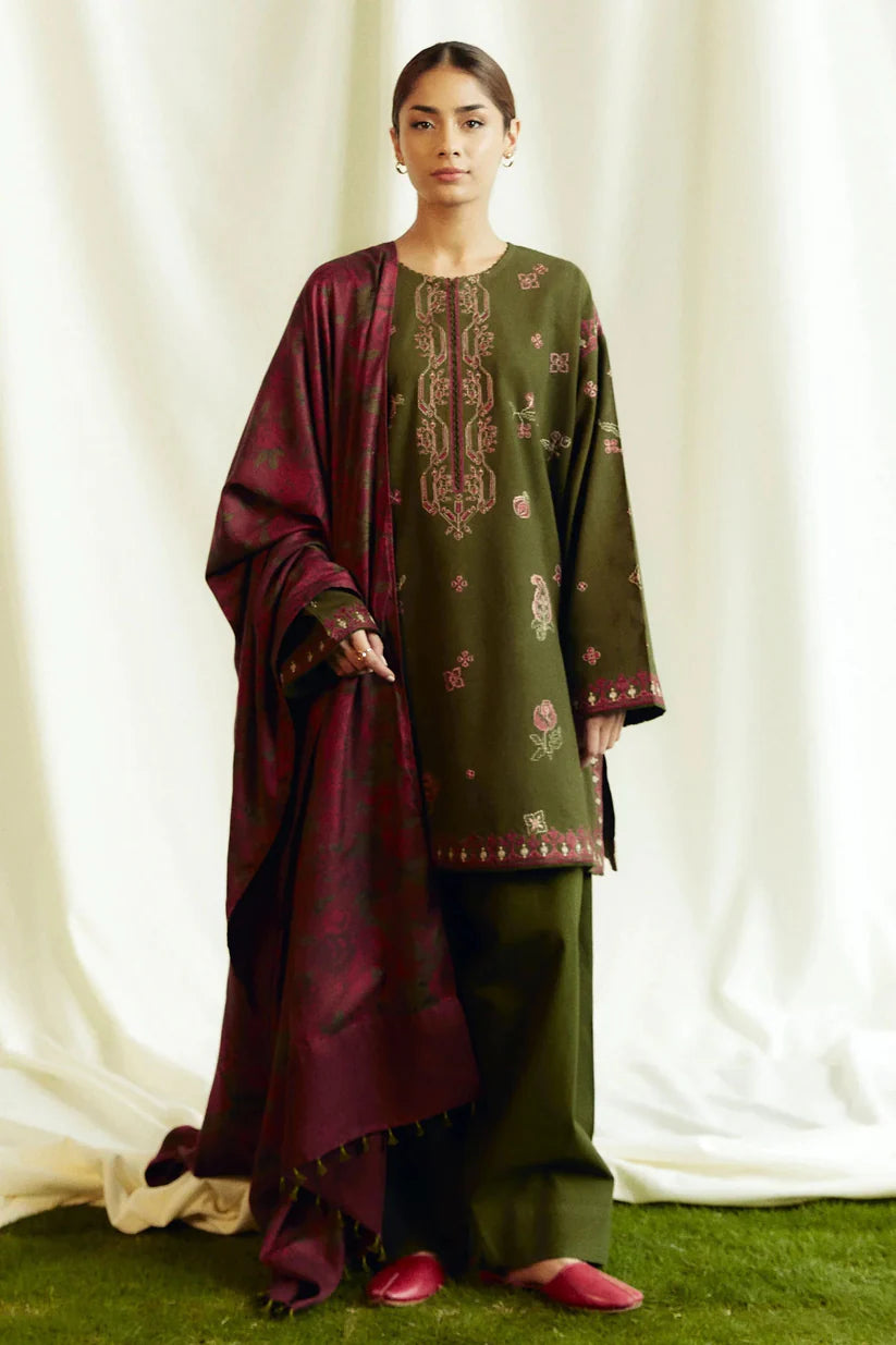 BrandsInn- 3PC DHANAK EMBROIDERED SHIRT WITH COURTRAI PRINTED SHAWL AND TROUSER-BI-4185