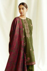 BrandsInn- 3PC DHANAK EMBROIDERED SHIRT WITH COURTRAI PRINTED SHAWL AND TROUSER-BI-4185
