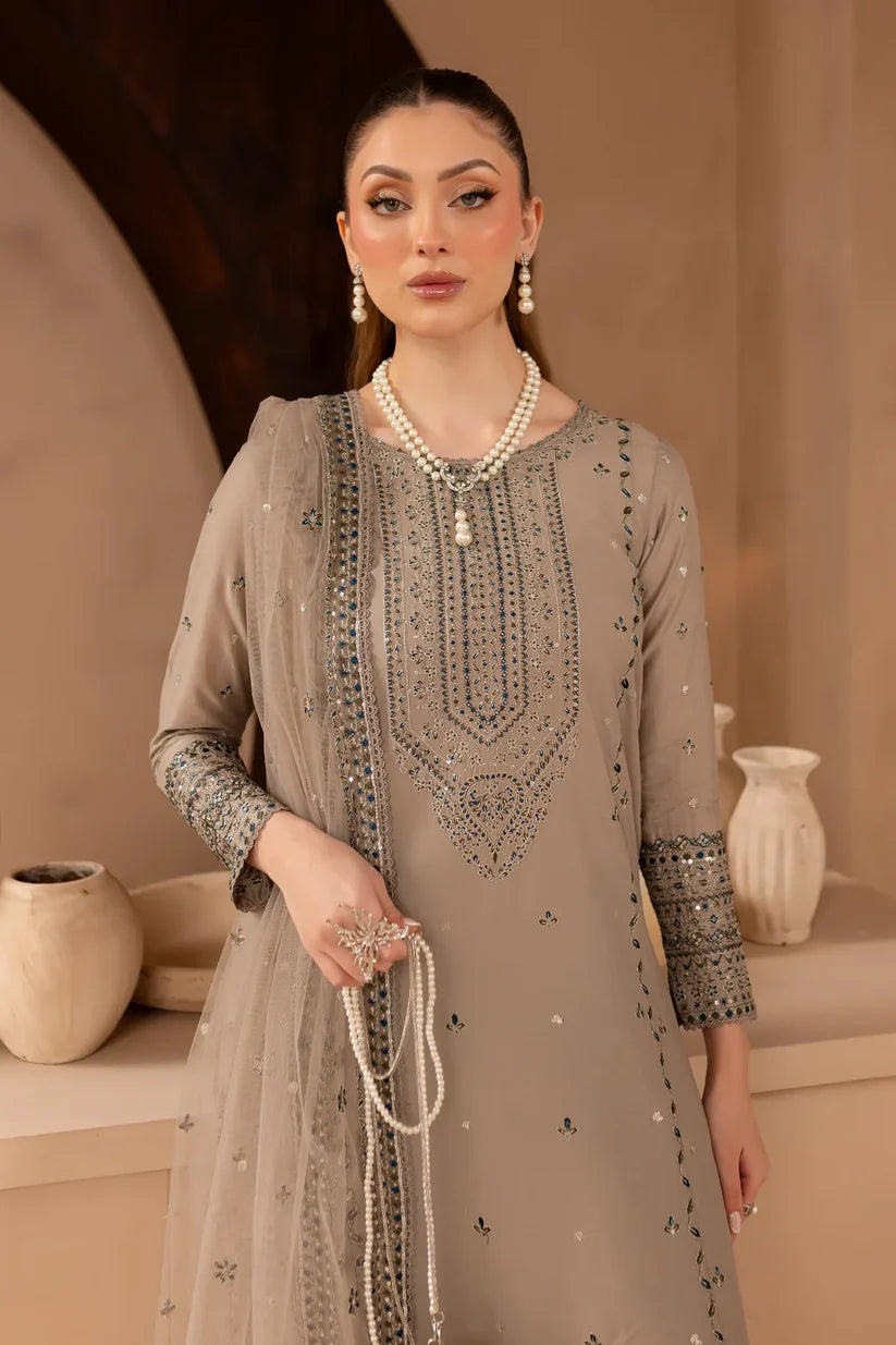 BrandsInn-3PC DHANAK EMBROIDERED SHIRT WITH ORGANZA EMBROIDERED DUPATTA AND EMB TROUSER-BI-4174