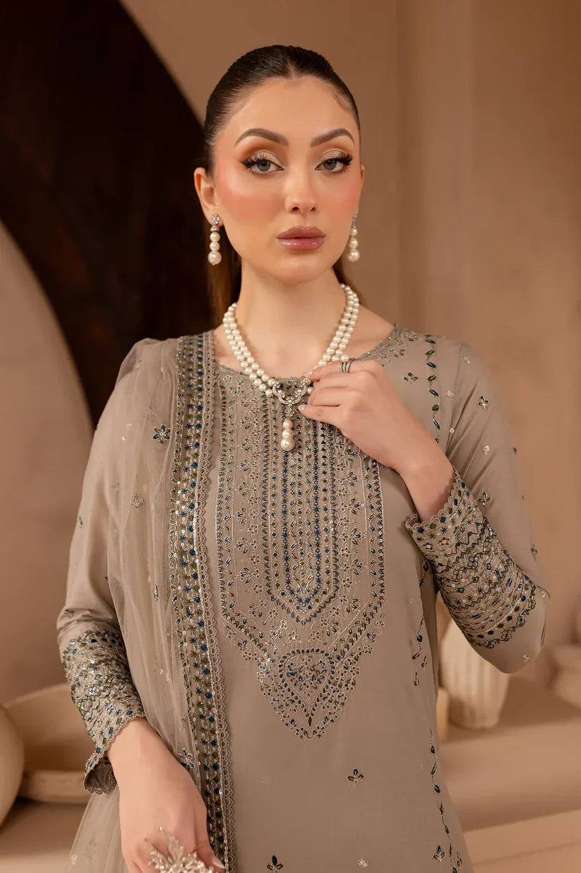 BrandsInn-3PC DHANAK EMBROIDERED SHIRT WITH ORGANZA EMBROIDERED DUPATTA AND EMB TROUSER-BI-4174