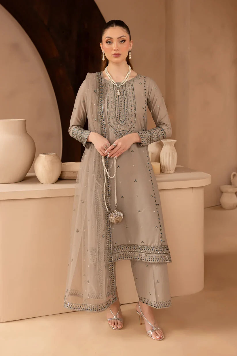 BrandsInn-3PC DHANAK EMBROIDERED SHIRT WITH ORGANZA EMBROIDERED DUPATTA AND EMB TROUSER-BI-4174