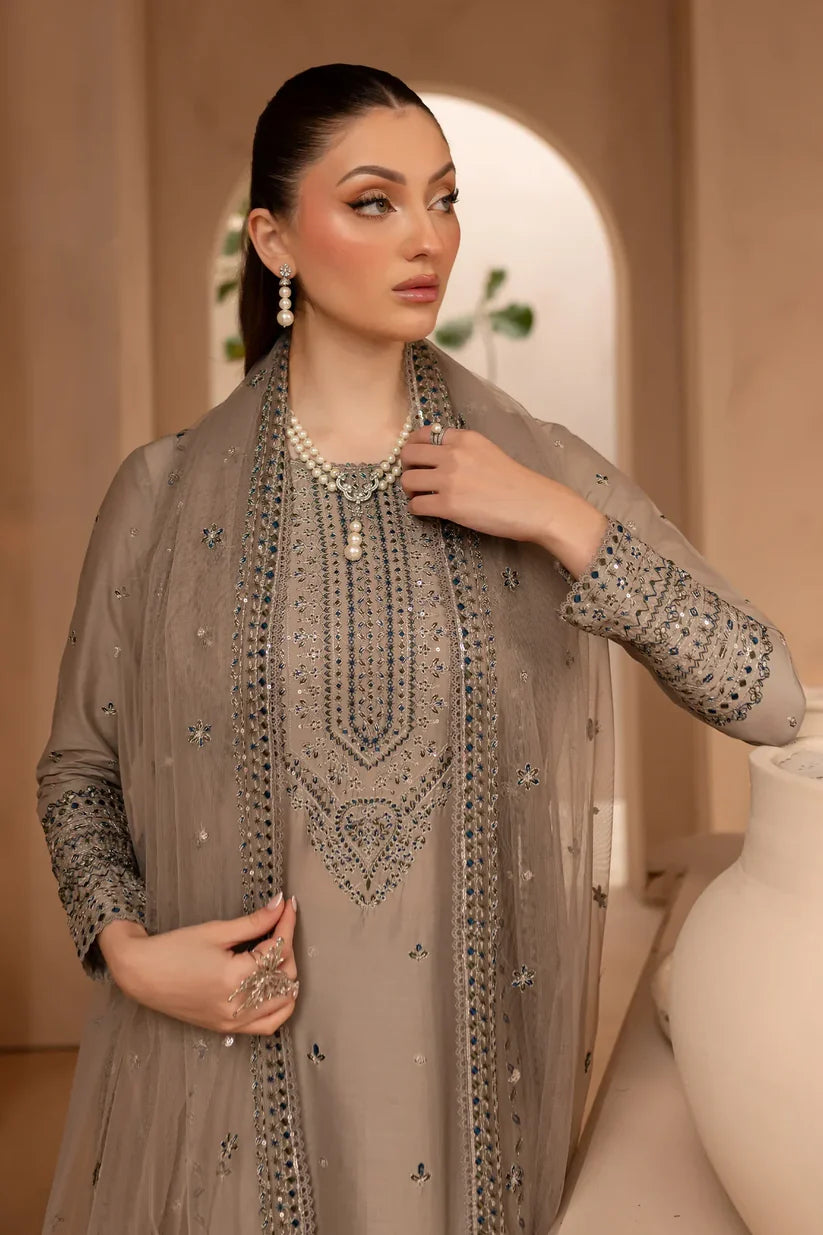BrandsInn-3PC DHANAK EMBROIDERED SHIRT WITH ORGANZA EMBROIDERED DUPATTA AND EMB TROUSER-BI-4174