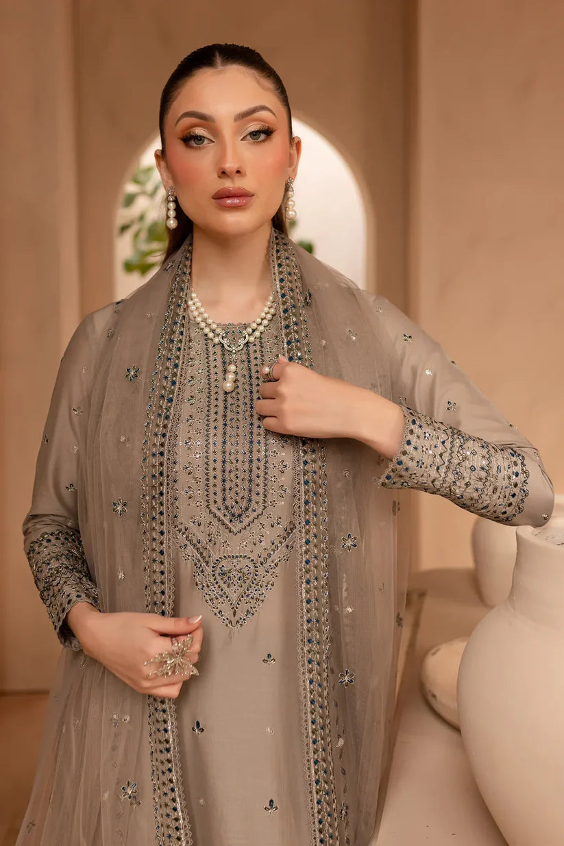 BrandsInn-3PC DHANAK EMBROIDERED SHIRT WITH ORGANZA EMBROIDERED DUPATTA AND EMB TROUSER-BI-4174