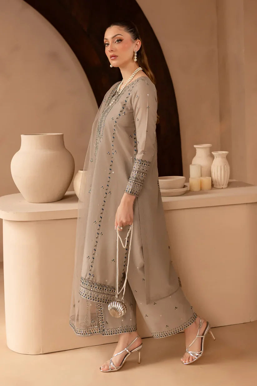 BrandsInn-3PC DHANAK EMBROIDERED SHIRT WITH ORGANZA EMBROIDERED DUPATTA AND EMB TROUSER-BI-4174