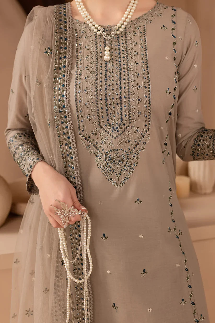 BrandsInn-3PC DHANAK EMBROIDERED SHIRT WITH ORGANZA EMBROIDERED DUPATTA AND EMB TROUSER-BI-4174