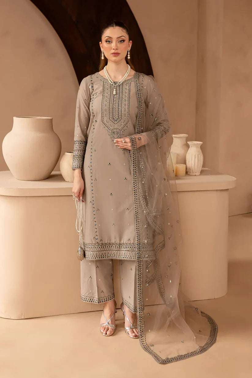 BrandsInn-3PC DHANAK EMBROIDERED SHIRT WITH ORGANZA EMBROIDERED DUPATTA AND EMB TROUSER-BI-4174