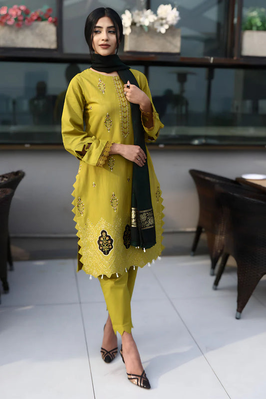 BRANDSINN-3PC KHADDAR CUTWORK EMBROIDERED SHIRT WITH KASHMIRI JACQUARD WOOL SHAWL-BI-4033