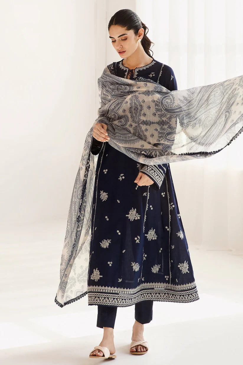 BrandsInn-3PC DHANAK SEQUENCE EMBROIDERED SHIRT WITH COUTRAI PRINTED SHAWL & DHANAK TOUSER-BI-4142