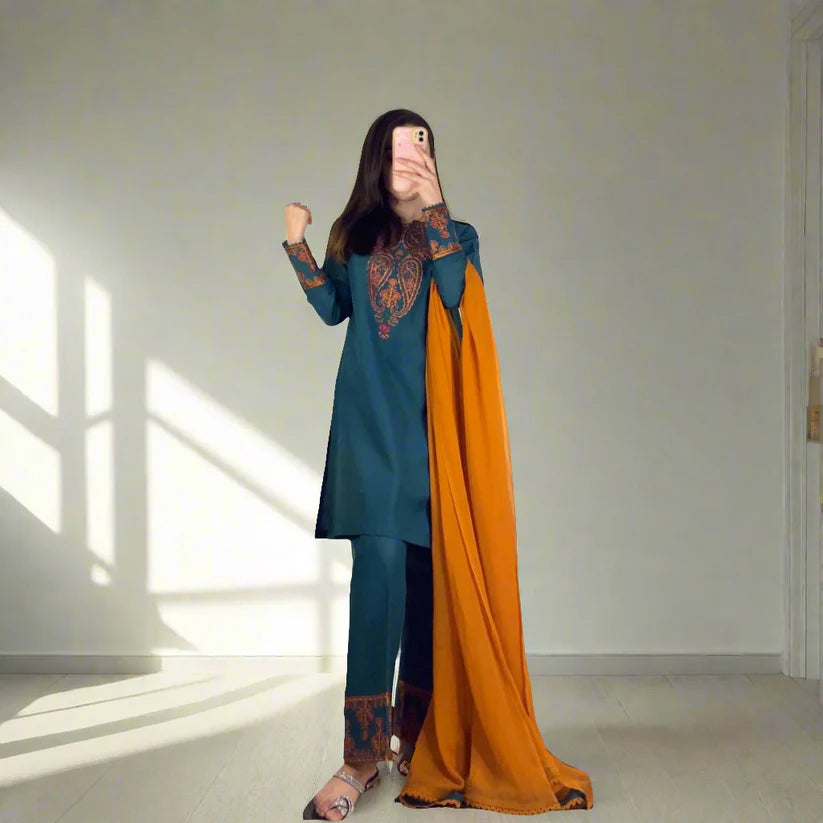 BRANDS INN-3PC DHANAK EMBROIDRED SHIRT WITH WOOL SHAWL AND TROUSER-BI-4072