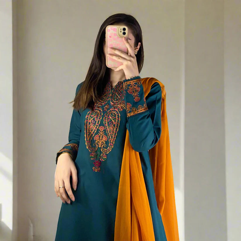 BRANDS INN-3PC DHANAK EMBROIDRED SHIRT WITH WOOL SHAWL AND TROUSER-BI-4072