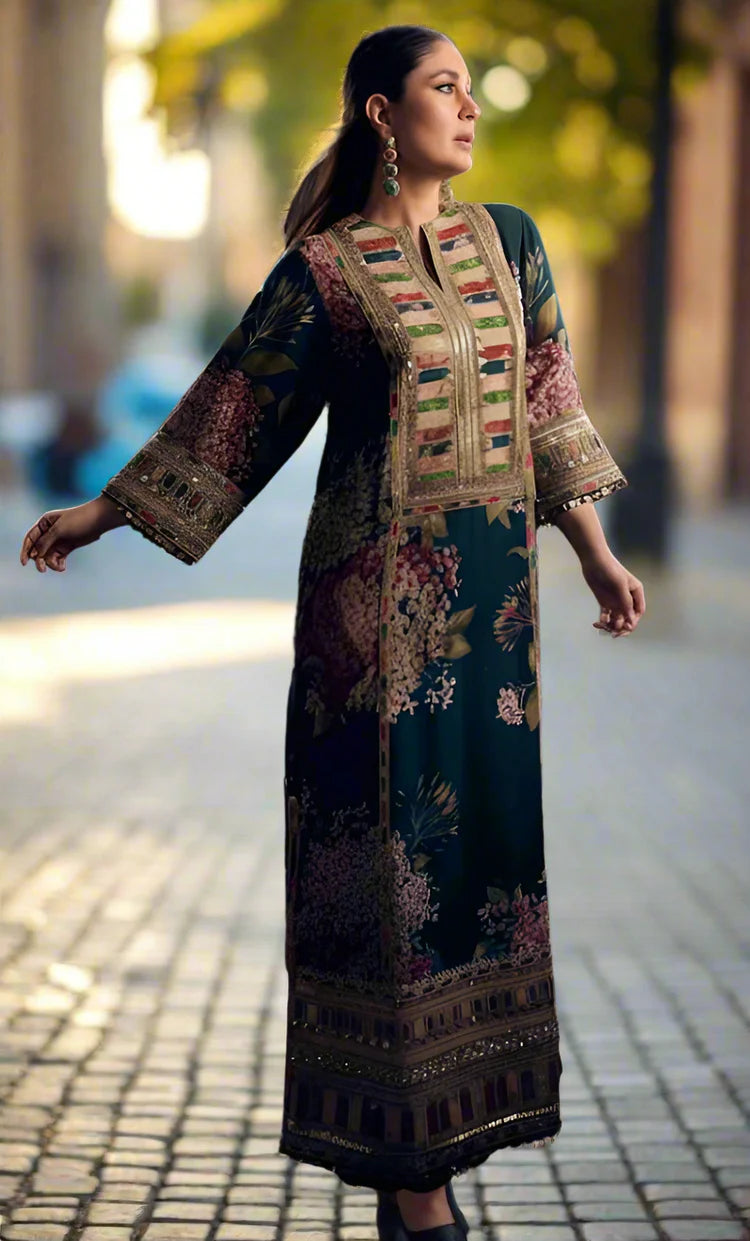 BrandsInn-2PC SHAMOZE SILK PRINTED EMBROIDERED SHIRT & PRINTED EMB SLEEVES-BI-1734