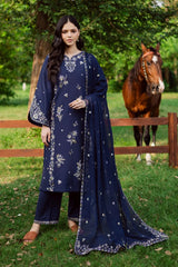 BrandsInn-3PC DHANAK EMBROIDERED SHIRT WITH CHIFFON EMBROIDERED DUPATTA AND TROUSER-BI-5029