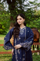 BrandsInn-3PC DHANAK EMBROIDERED SHIRT WITH CHIFFON EMBROIDERED DUPATTA AND TROUSER-BI-5029