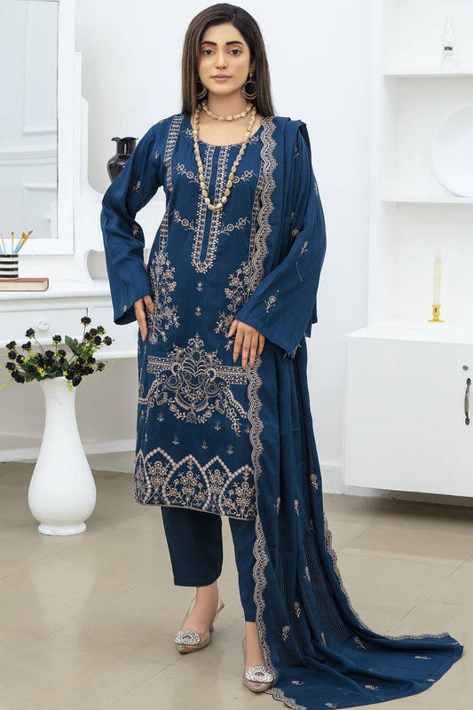 BRANDINN-3PC DHANAK EMBROIDRED SHIRT WITH DHANAK EMBROIDRED SHAWL AND TROUSER-BI-4071