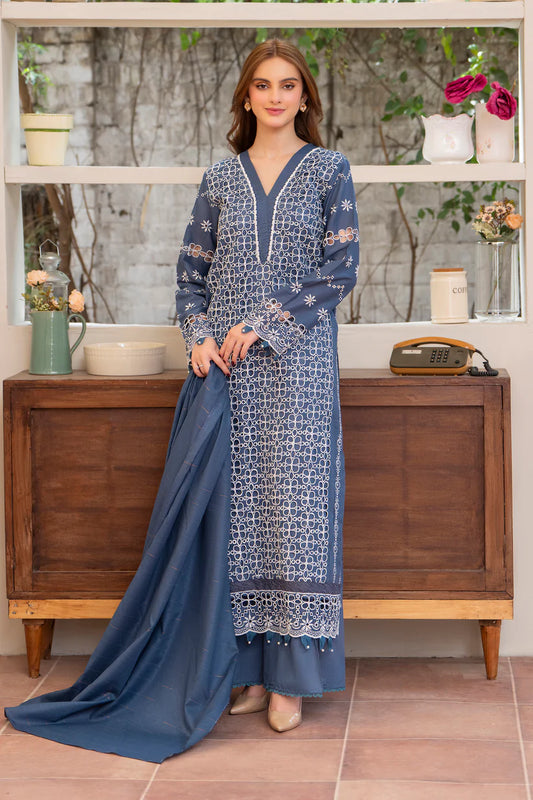 BrandsInn-3PC LAWN CHIKENKARI EMBROIDERED SHIRT WITH LAWN TUBE SLUB DUPATTA-BI-326