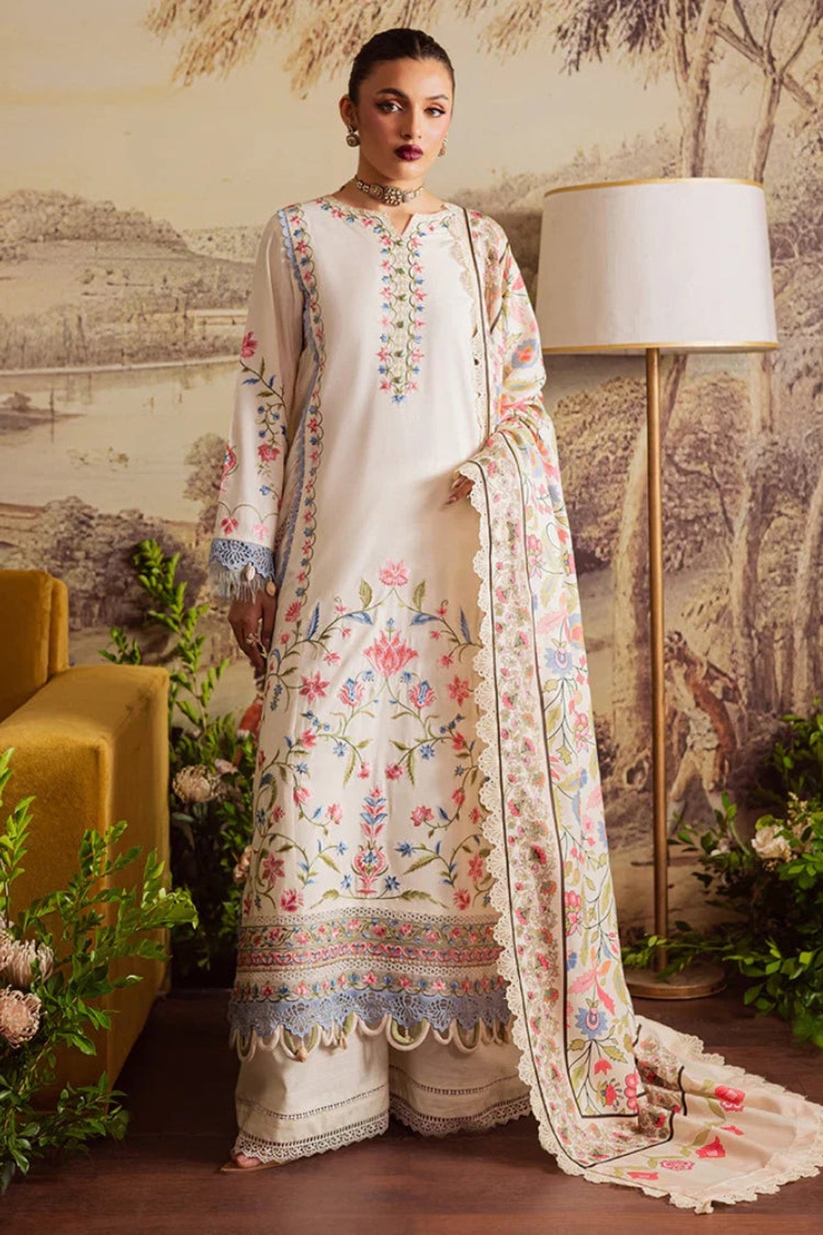 BrandsInn-3PC DHANAK EMBROIDERED SHIRT WITH COURTRAI PRINTED SHAWL & TROUSER-BI-4329
