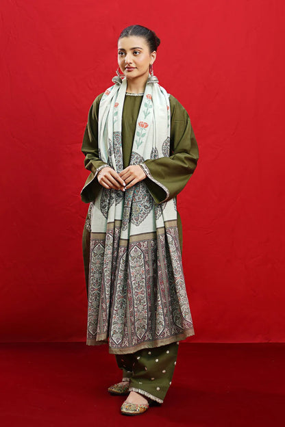 BrandsInn- 3PC Dhanak Embroidered Shirt With Twil Print Wool Shawl & Trouser-BI-4082