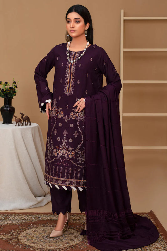 Brands inn-3PC Dhanak Embroidered Shirt with Velvet Dhanak Shawl and Trouser-BI-PLUM