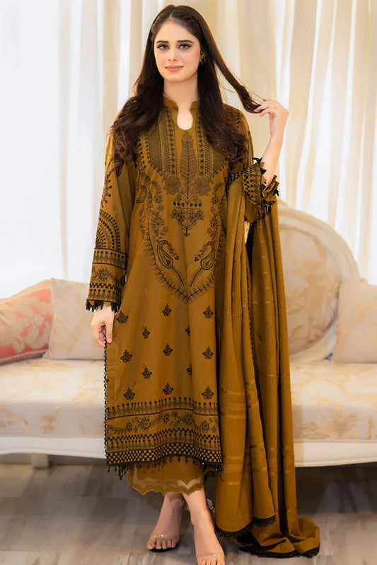 BrandsInn-3PC DHANAK EMBROIDERED SHIRT WITH DHANAK EMBROIDERED SHAWL & EMB TROUSER-BI-4116