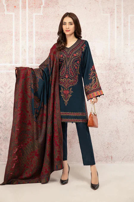BrandsInn-3PC DHANAK EMBROIDRED SHIRT WITH COURTRAI PRINTED SHAWL AND TROUSER-BI-4083
