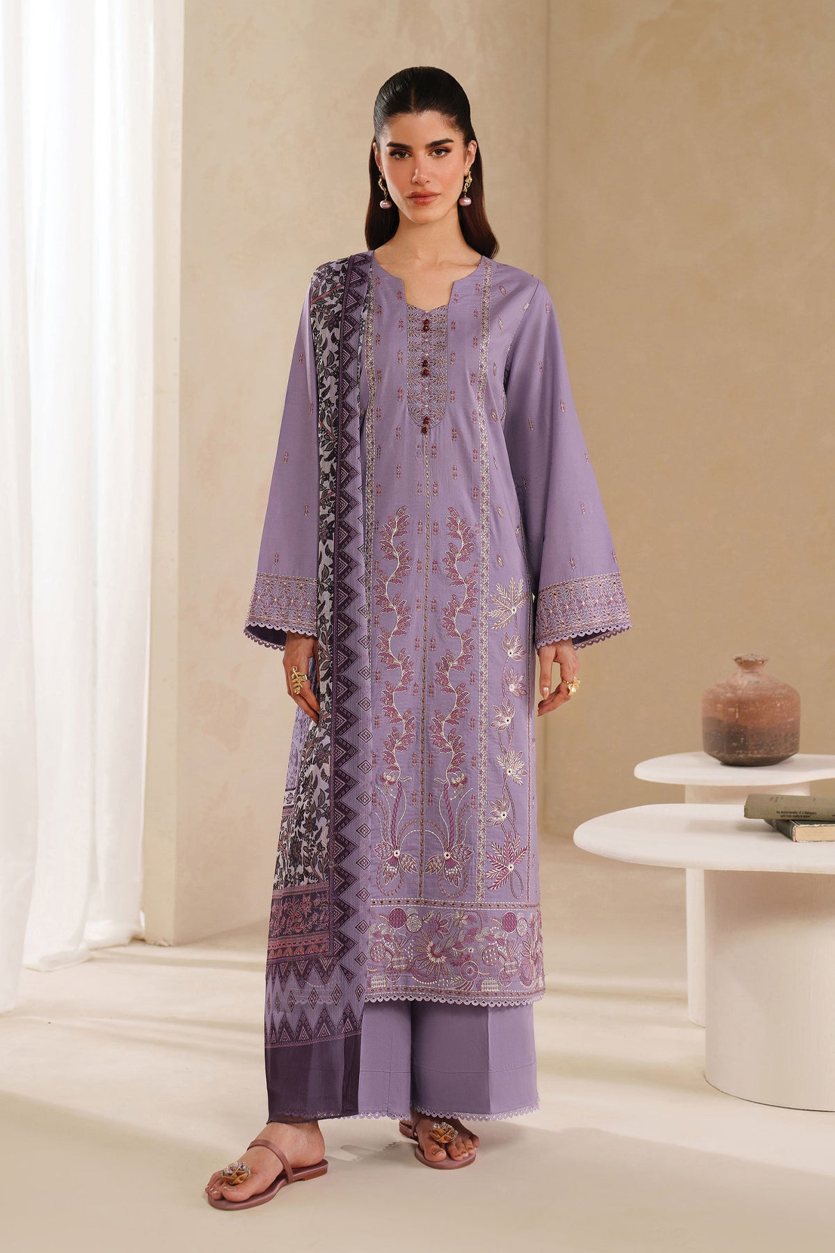 BrandsInn-3PC DHANAK EMBROIDERED SHIRT WITH COURTRAI PRINTED SHAWL AND TROUSER-BI-4295