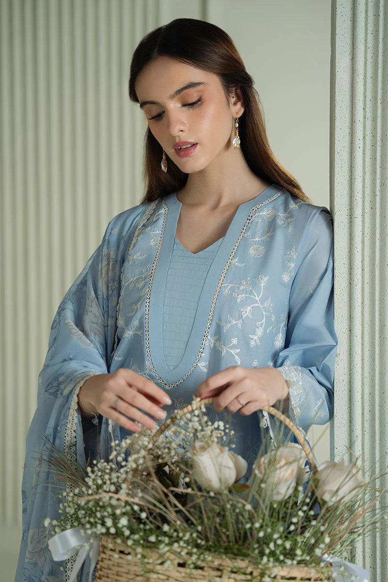 BrandsInn-3PC DHANAK EMBROIDERED SHIRT WITH COUTRAI PRINTED SHAWL AND TROUSER-BI-4158