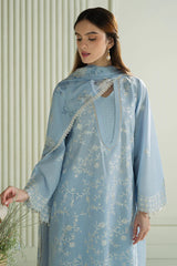BrandsInn-3PC DHANAK EMBROIDERED SHIRT WITH COUTRAI PRINTED SHAWL AND TROUSER-BI-4158
