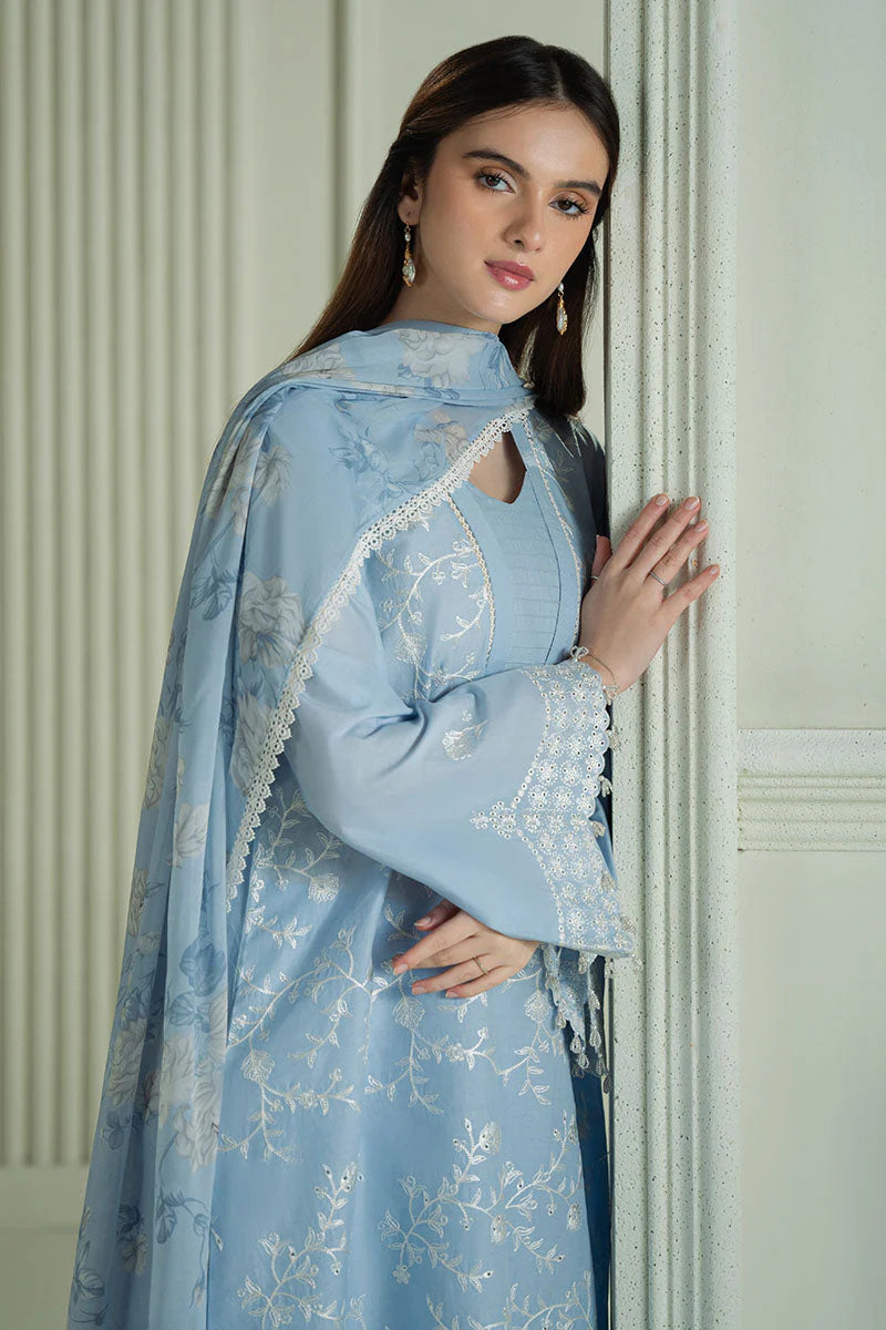 BrandsInn-3PC DHANAK EMBROIDERED SHIRT WITH COUTRAI PRINTED SHAWL AND TROUSER-BI-4158