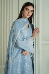 BrandsInn-3PC DHANAK EMBROIDERED SHIRT WITH COUTRAI PRINTED SHAWL AND TROUSER-BI-4158