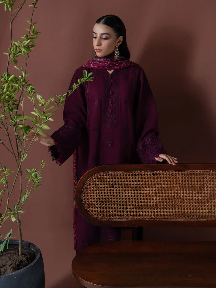 BrandsInn-3PC DHANAK EMBROIDERED SHIRT WITH COURTRAI PRINTED SHAWL & TOUSER-BI-4219