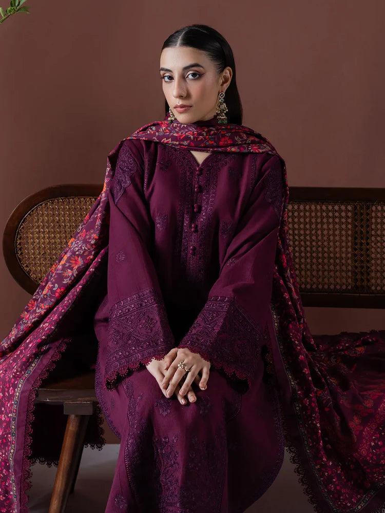 BrandsInn-3PC DHANAK EMBROIDERED SHIRT WITH COURTRAI PRINTED SHAWL & TOUSER-BI-4219